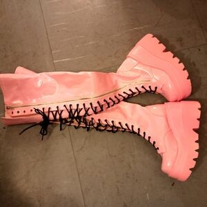 Demonia pink holographic platforms, thigh high